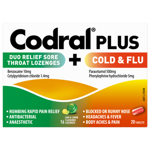 CODRAL® Plus Duo Relief Sore Throat Lozenges Lime & Lemon Flavoured ...